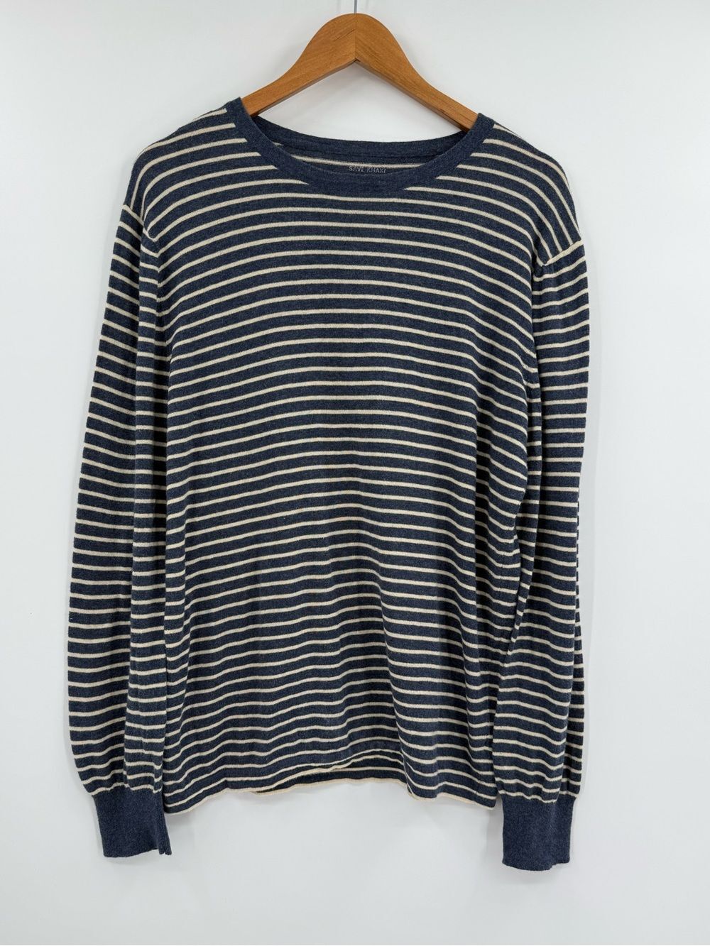 Save Khaki Striped Wool Blend Long Sleeve Crewneck Top | Navy/Oatmeal | Large